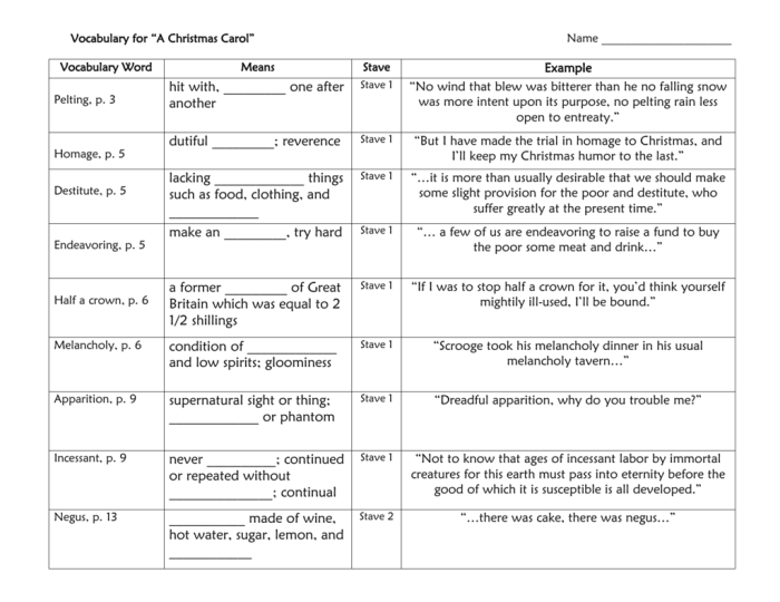 Carol worksheet vocabulary literary devices