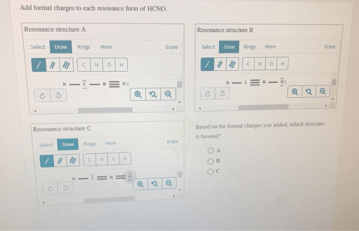 Add formal charges to each resonance form of hcno